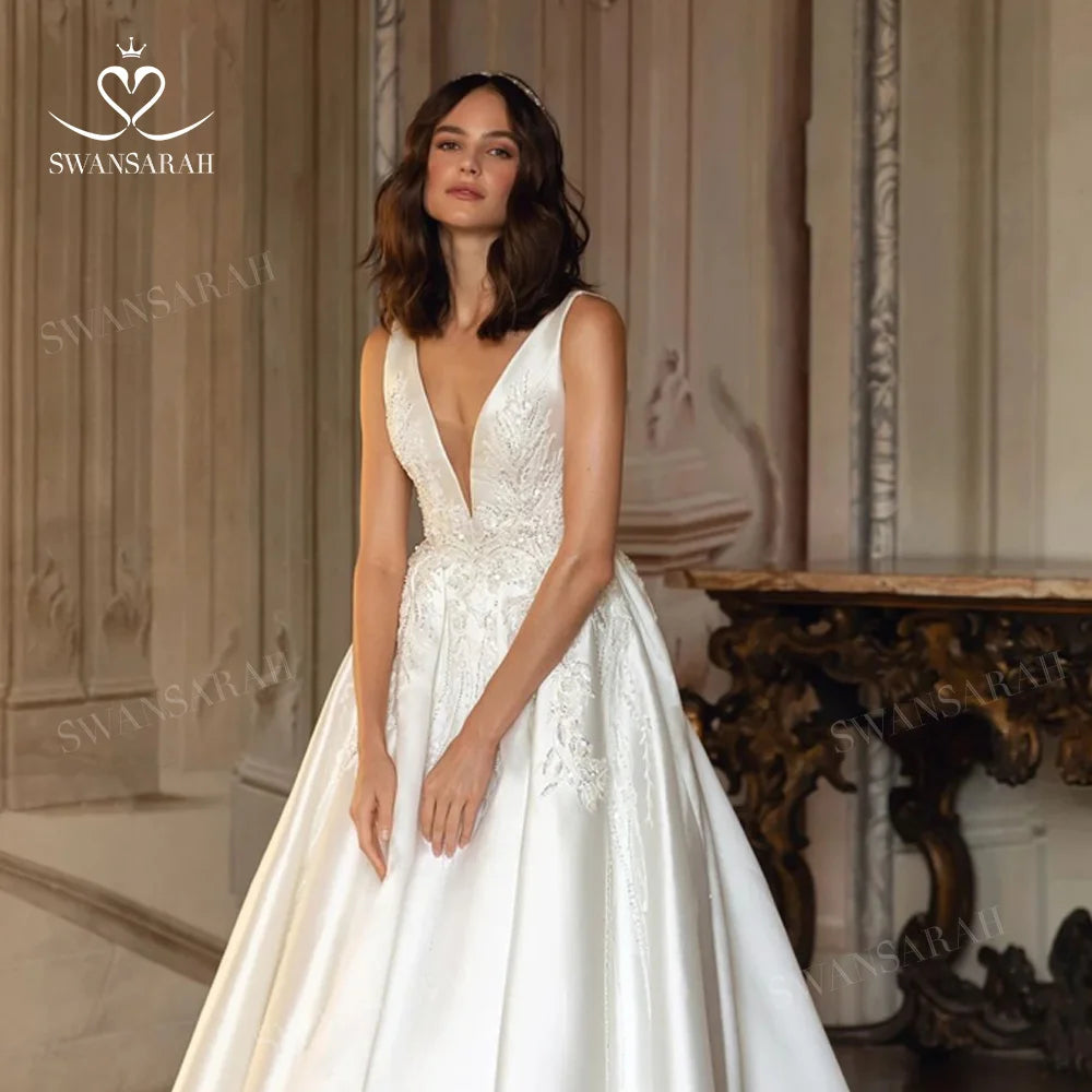 White Bridesmaid Dresses: Wedding Dress Beading Open Back Court Train Princess