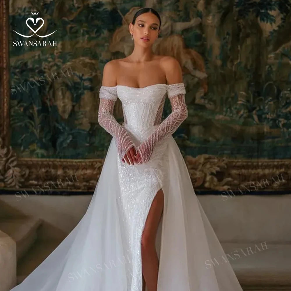 White Bridesmaid Dresses: Wedding Dress Beading Split Mermaid Detachable Train