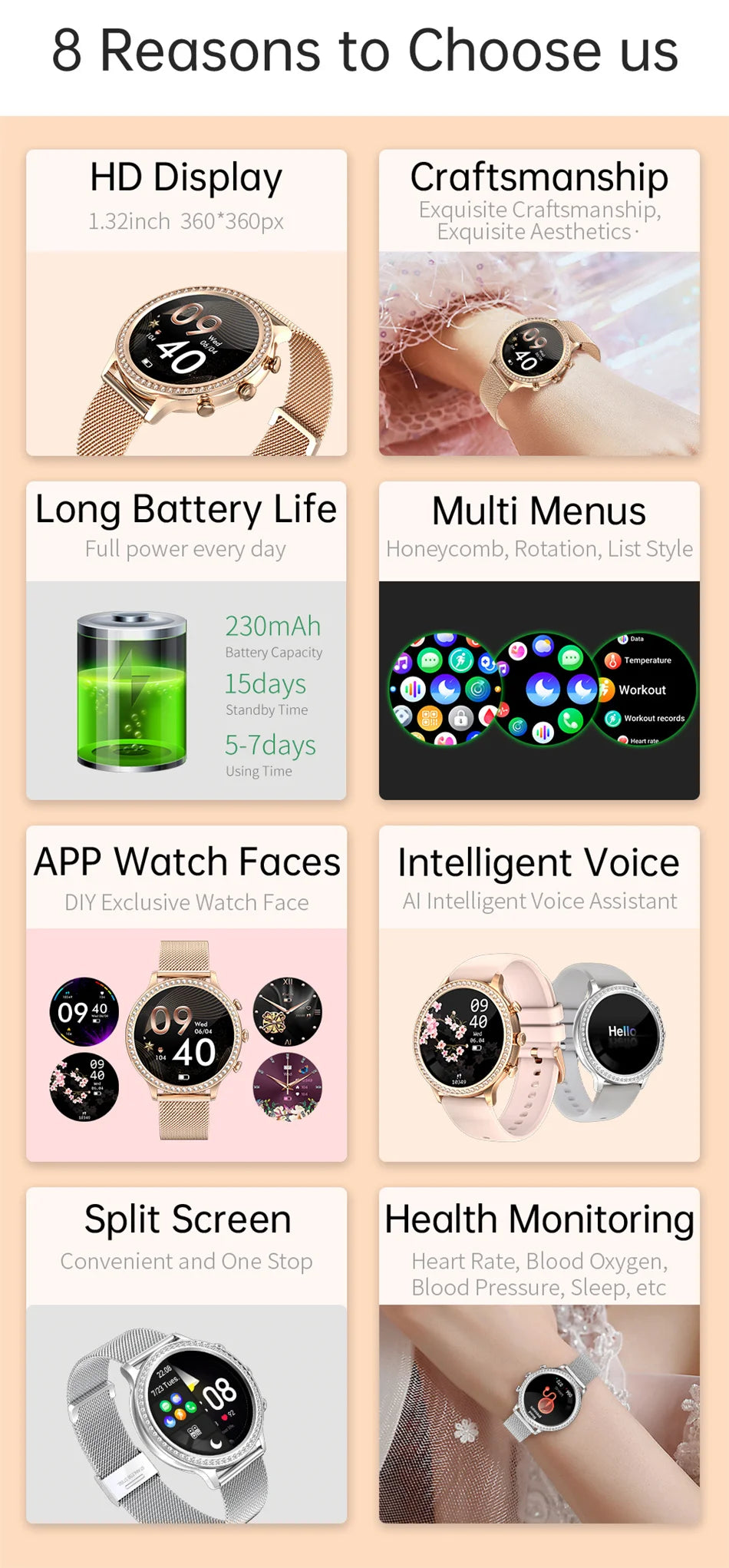 Women Smart Watch Double Strap Heart Rate Sleep Monitoring Wireless Call Voice Assistant Waterproof Smartwatch For Android IOS