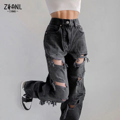 Brown Women Straight Pants Vintage Black Ripped Jeans Fashion Streetwear Hole Hip Hop