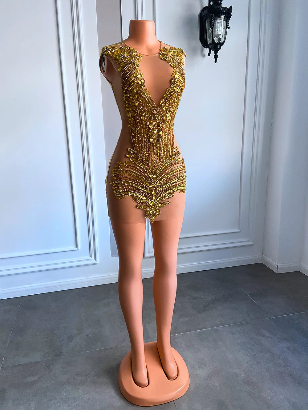 Evening wear Dresses: Women Cocktail Birthday Party Gowns Luxury Gold Diamond