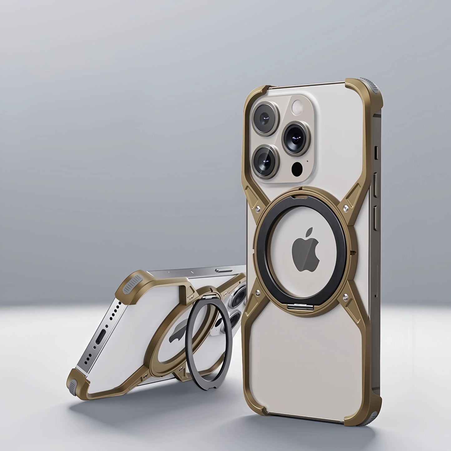 Metal Alloy Punk Frame Phone Case For iPhone 17 16 15 14 13 Pro Max 360 Rotating Bracket Magsafe Ring Magnet Stand Bumper Cover