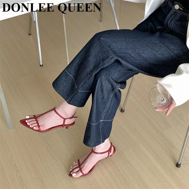 Gladiator Shoes Women Sandals Thin Low Heels Sandals Pointed Toe Narrow Band Simple Sandal Ankle Strap Lady Pumps 2022 Sandalias