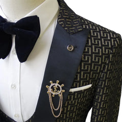 Black and White Men's Suit 3-piece Gold Palace Print Road Wedding Costume Men