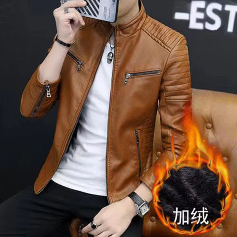 Autumn Winter Stand Collar Loose Casual PU Leather Jacket Male Add Velvet Warm