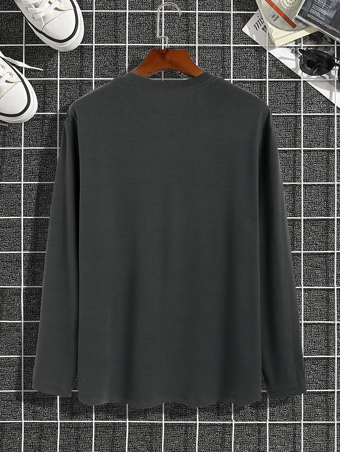 Trendy new long-sleeved t-shirt men's simple printed round neck T-shirt trend versatile casual tops men's T-shirt