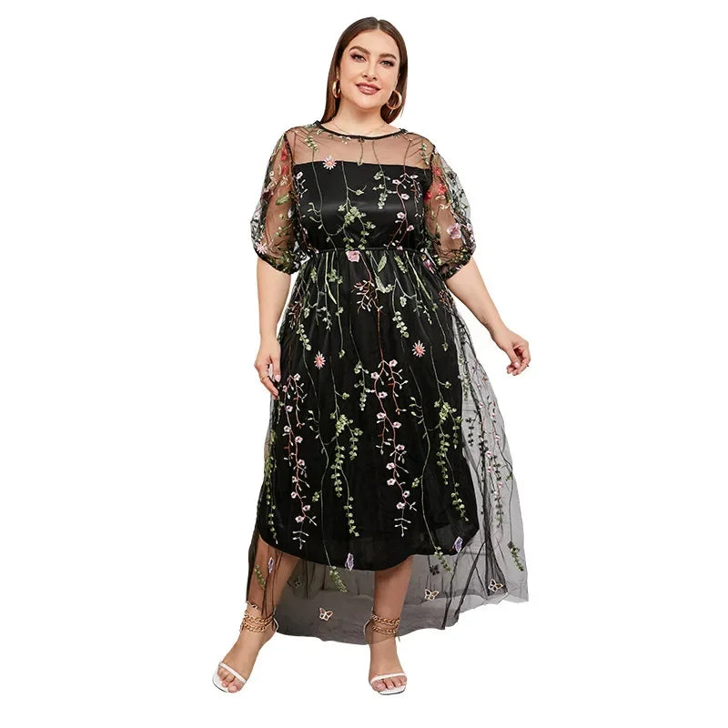 French Hepburn style oversized dress, women's mesh embroidered banquet party dress, 200 pounds to wear plus size women clothing