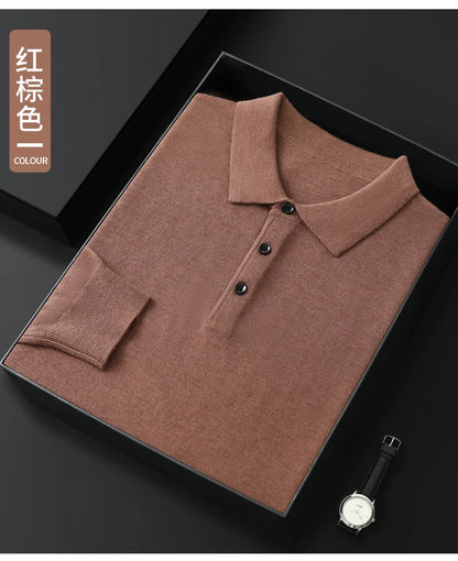 Spring Autumn Men Shirt  Merino Worsted Wool Knitted Pullover Long Sleeve Polo-Collar Clothing Tops Smart Casual Thin Outerwears