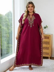 Plus Size Summer Bohemian Embroidery V Neck Kaftan Long Dress Tunic Women