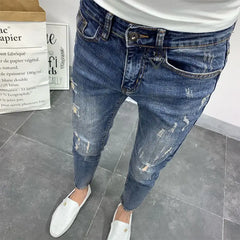 Men's Korean Style Classic Jeans Blue Ripped Jeans for Men Fashion Trendy