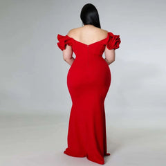 Plus Size Evening Dress Elegant Lady Ruffle Red Black Backless Large Sizes Women