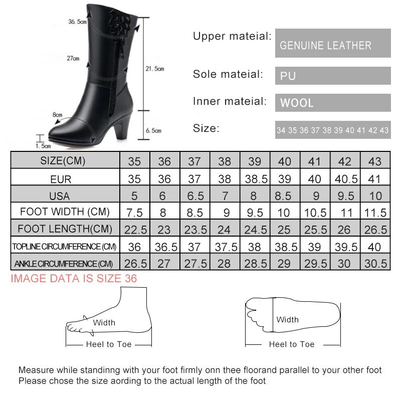 Women Winter Boots Cow Leather Long Winter Boots High Heel Wool