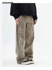 Vintage Leopard Print Jeans Women Spring Oversize Casual Hip Pop Wide Leg Trouser