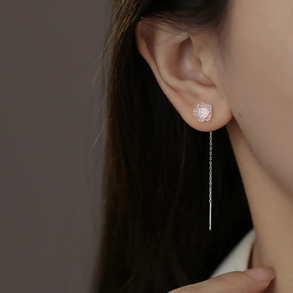 Minimalism Romantic Sterling Silver Rose Flower Pendant Ear Thread Versatile Girl Commuting Dangle Earrings Temperament Jewelry