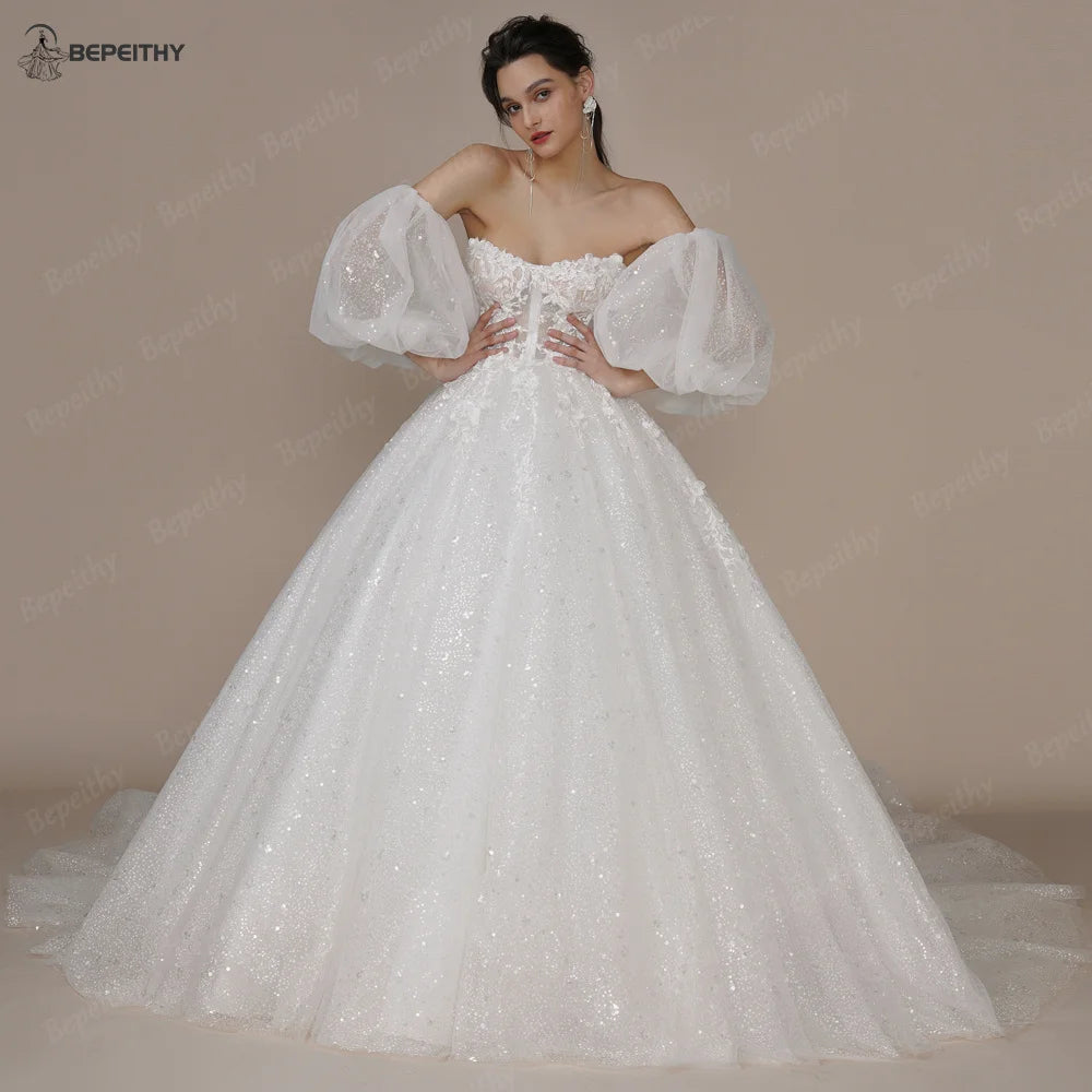 White Bridesmaid Dresses: Ivory Glitter Wedding Dresses For Women Court Train