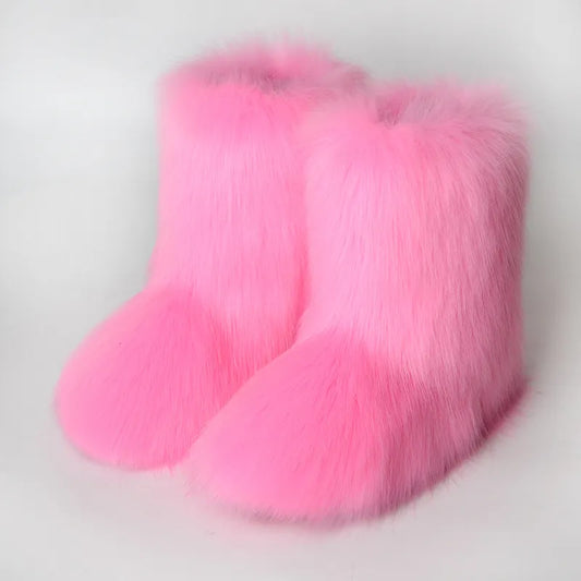 Winter Women's Fluffy Faux Fox Fur Snow Boots Ladies Plush Boots Female Warm Luxury Footwear Girl's Furry Cotton Shoes Platform