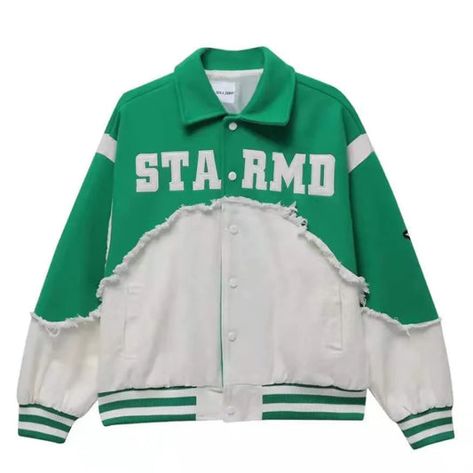 Vintage Denim Patchwork Jackets Men Letter Patch Varsity Jackets