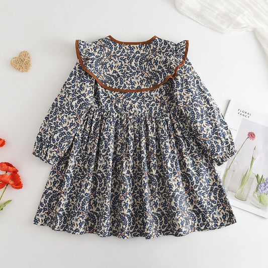Girls' Dress Fashion Cute Doll Neck Flower Print Dress Children's Girls