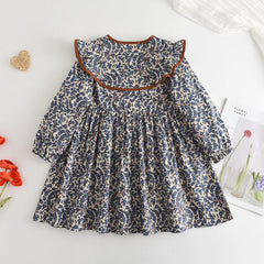 Bear Leader Girls' Dress Fashion Cute Doll Neck Flower Print Dress Children's Girls