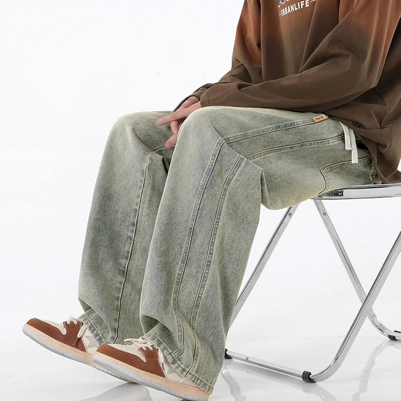 Baggy Men's Straight Leg Jeans Fashion Patchwork Hip Hop High Street Wide Leg