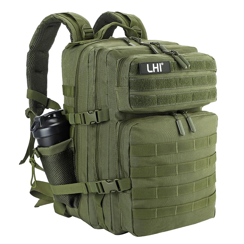 LHI 45L Tactical Backpack for Men and Women Large Athlete Gym Bag Outdoor Sports Hiking Survival Rucksack with Bottle Holder