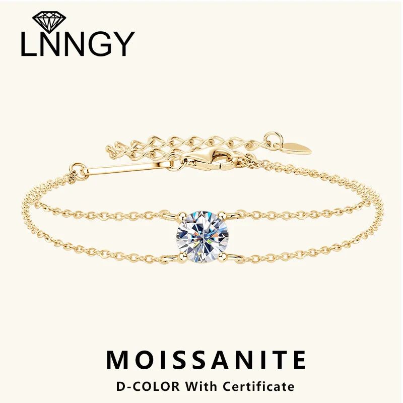 Lnngy 6.5mm 1ct Moissanite Bracelet 925 Sterling Silver Certified Double Chain Bracelets For Women Charm Wedding Jewelry Gift