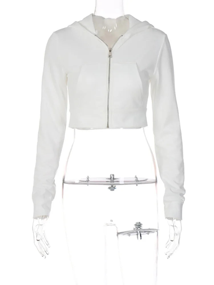 Y2K Aesthetic Vintage Basic Zip Up White Cropped Hoodies 2000s