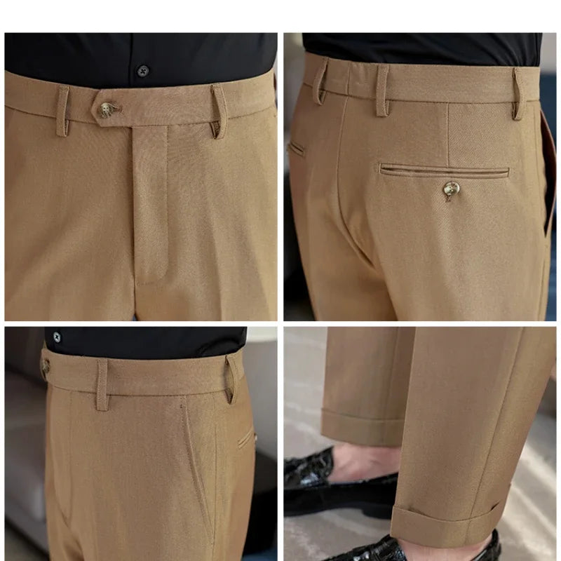 Men's Slim Fit Tapered Dress Pants Apricot Pearlescent Texture Business Casual Suit