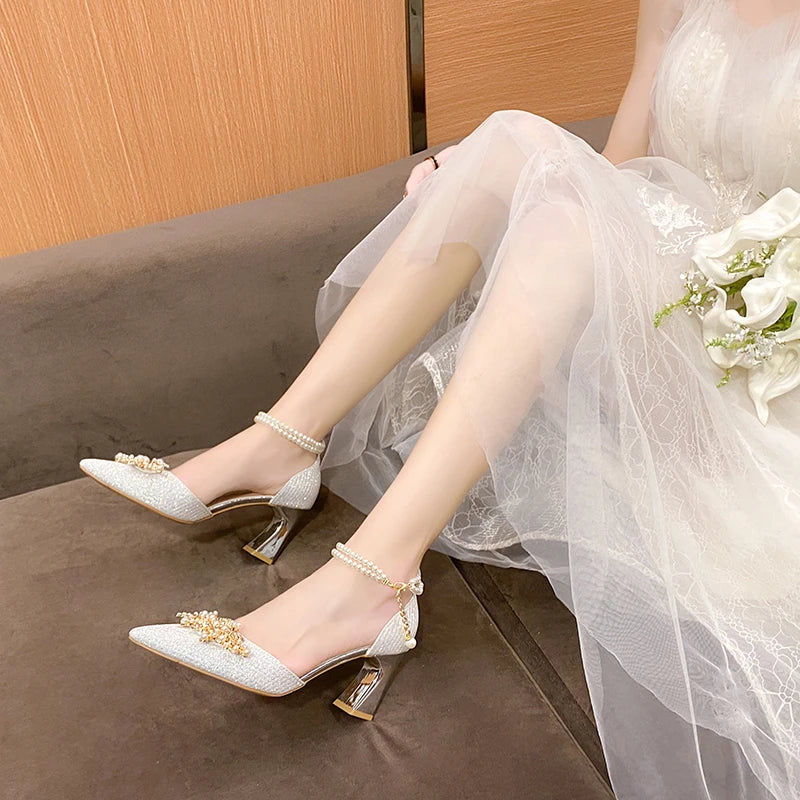 Ladies Shoes Fashion Pointed Metal Beaded Solid Women's High Heels