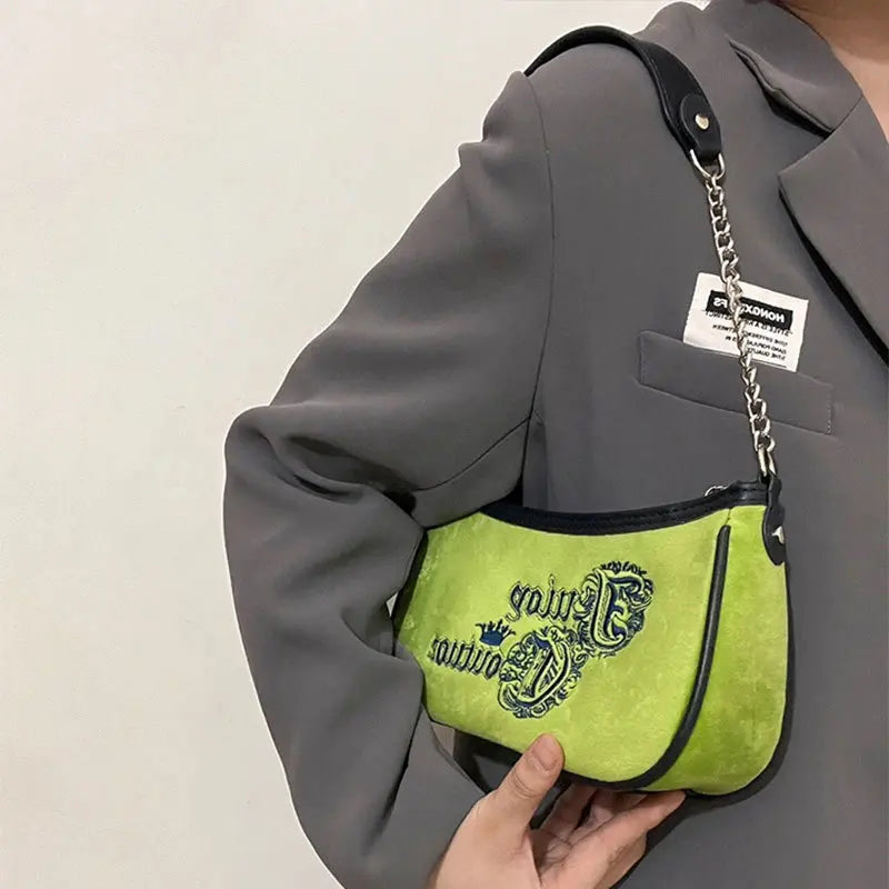 Y2K Vintage Korean Armpit Shoulder Green Underarm Tote Bag Ladies Sling Velvet