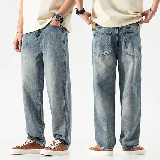 Wide Leg Jeans Men Baggy Pants Oversize Jeans Loose Fit Light Blue Streetwear