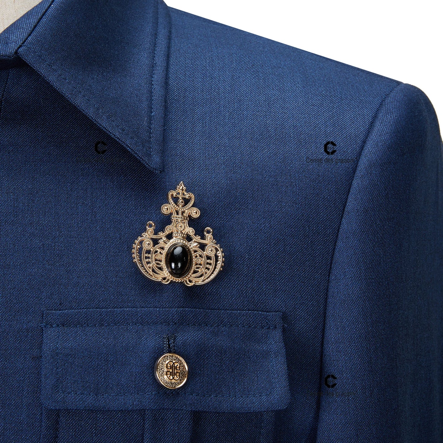 Tuxedo for Mens: Blue Safari Men Suits Gold Button Square Collar Tailor