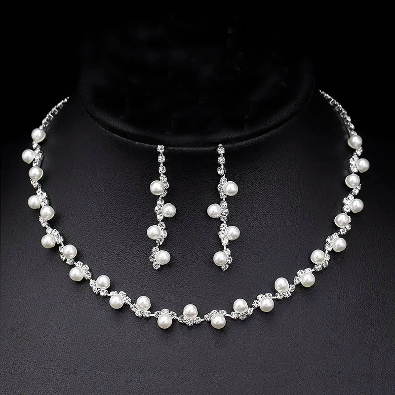 TREAZY Silver Color Pearl Crystal Bridal Jewelry Sets Wave Shape Choker Necklace Earrings Sets for Women Wedding Jewelry Sets