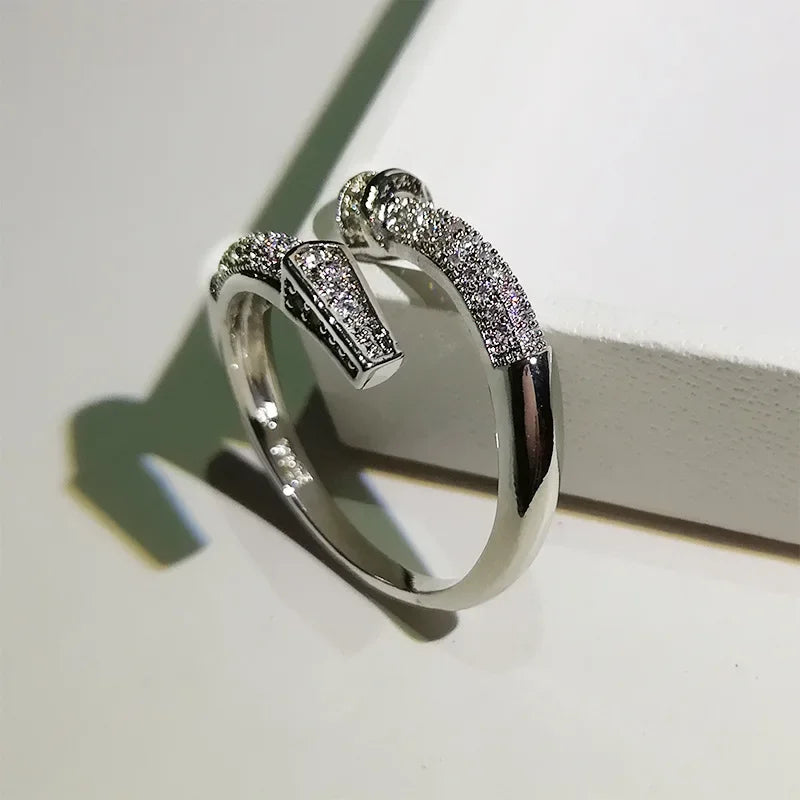 Fashion Classic White Zircon Nail Opening Ring 925 Silver Engagement Wedding