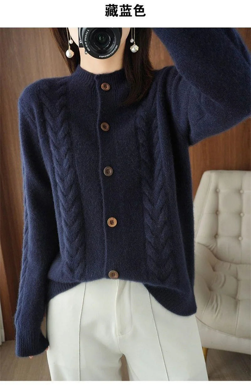 Half High Collar Twists Knitted Cardigan Autumn And Winter High-End Casual Loose