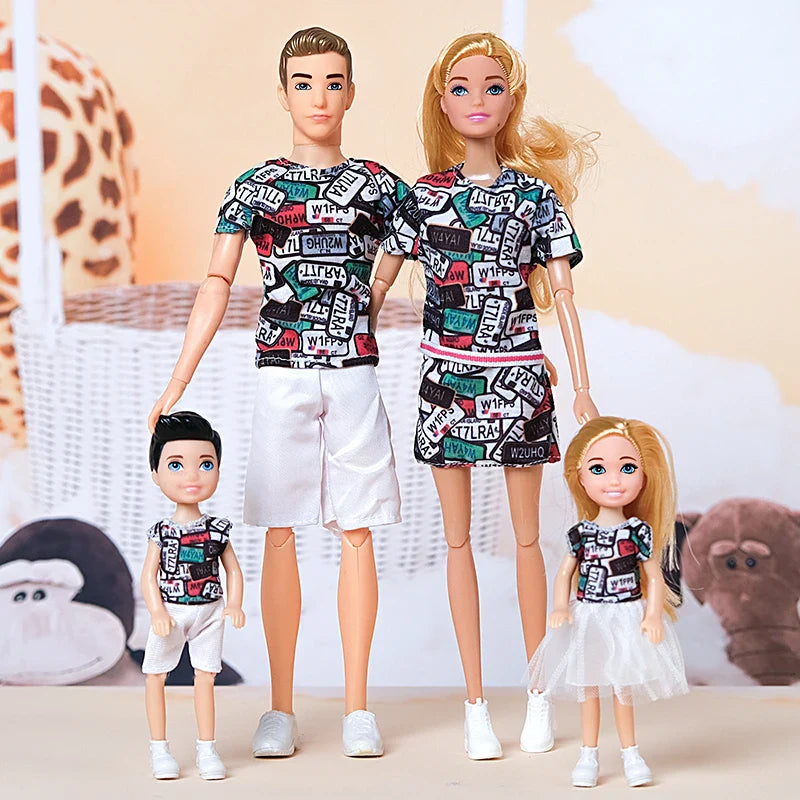 1/6  FamilyDoll Toy Set of 4 People Mom Dad Kids 30cm Barbies Doll Full Set With Clothes for Education Birthday Gift