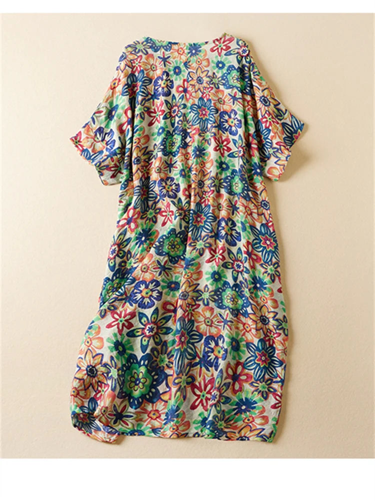 Plus Size Summer New Vintage Floral Dress Casual Loose Ladies Womens Cotton Linen Print Dresses Woman Flower Pullover Midi Dress