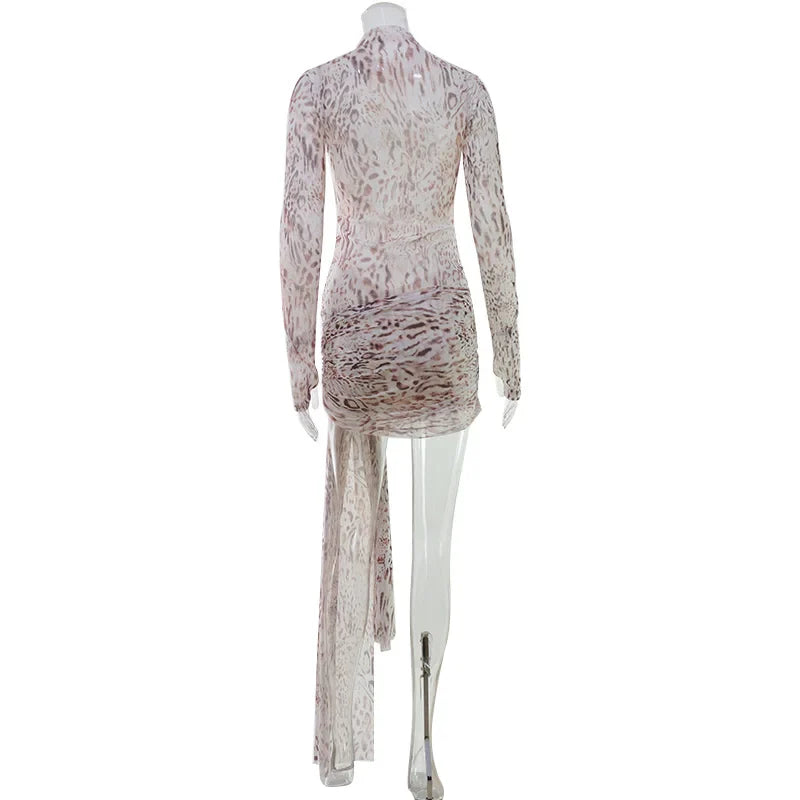 Ahagaga Sexy Sheer Women'Mini Dresses Turtleneck Print Regular Long Sleeves Ribbon Sheath Bodycon Casual Streetwear Female Robe