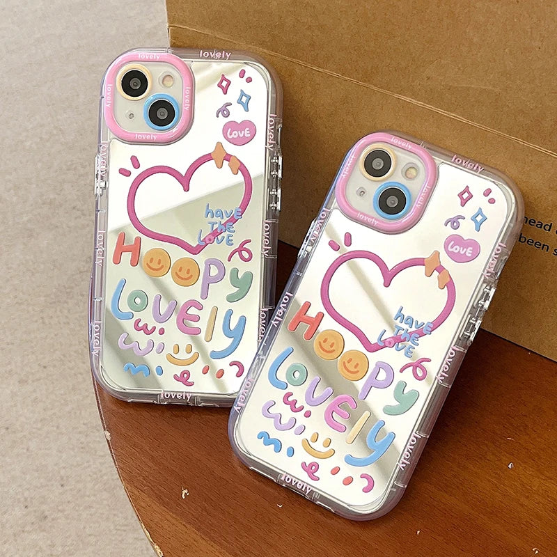Lovely Girl Heart Mirror Phone Case For iPhone 11 12 13 14 15 16 Pro Max Shockproof