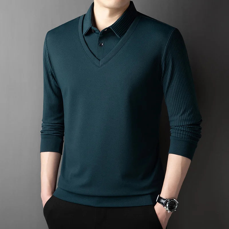 2025 New Men's Casual and Fashionable Long Sleeved Solid Color Fake Two-piece Polo Shirt Business All Season Versatile Top
