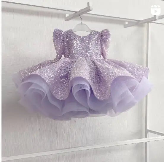 Gorgeous girl sequin birthday dress girl host princess dress flower girl fluffy dress model runway piano performance dress