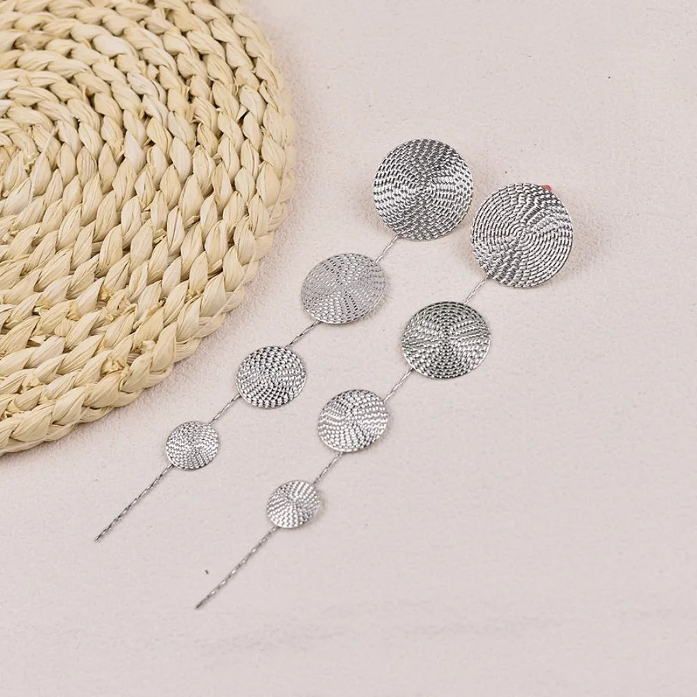 Temperament Fashion Metal Hammering Pattern Geometric Circular Long Tassel Creative Spliced Stud Earrings for Women Jewelry Gift