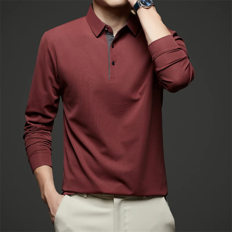 New Men's Business Casual  Long Sleeve Solid Color Polo Shirt Fashionable Warm Comfortable Four Seasons Versatile Top