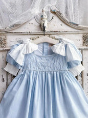 Kids Spanish Clothes Girls HandMade Blue Dress with Big Bow sleeve Baby Pearl