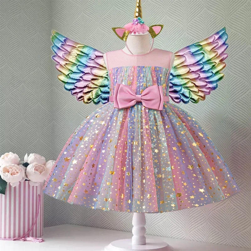 Kid Girl Unicorn Tutu Dress Children Rainbow Wedding Birthday Party Princess Dress Halloween Unicorn Performance Cosplay Costume