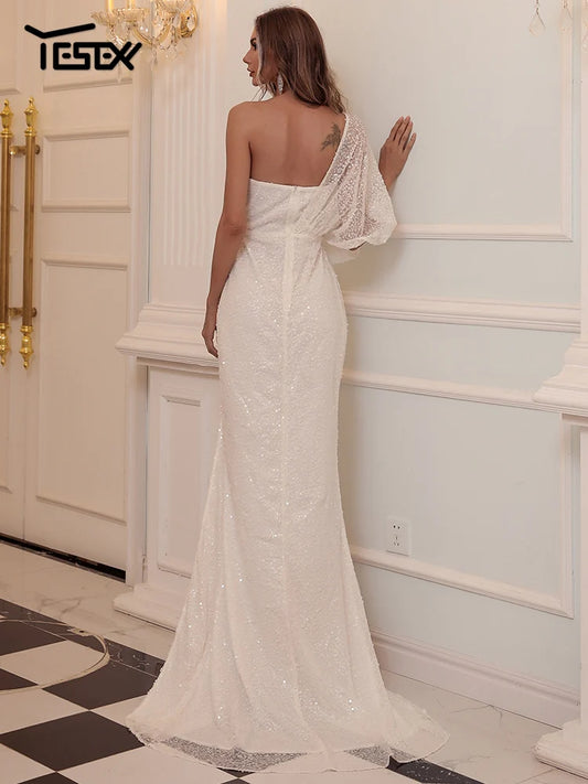 Evening Dresses: Women Elegant Evening Dresses Maxi One Shoulder Sequins
