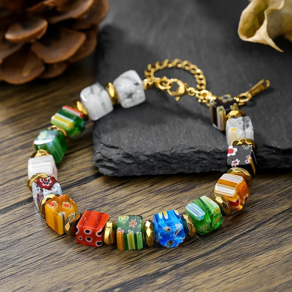 New In Hand-Made Murano Thousand Flower Glass Bead Bracelet Fashion Beaded Diy Personality Crystal Bracelet Women Jewelry