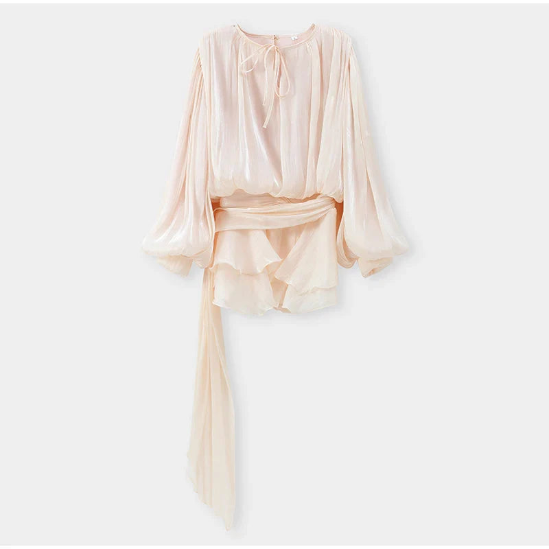 Stunning Shiny Ruffles Lace Up Mini Dress Women's Chic Loose Hollow Out A-line Pleated Vestidos Lady Summer Party Gowns 2025 New