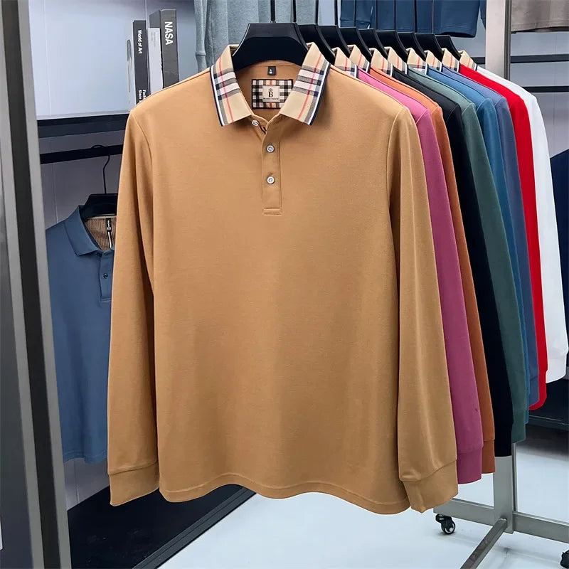 Men's Plaid Long Sleeve Polo Shirt Autumn Winter Casual Office Outdoor Fashion Top Commercial Collar Trendy Men's Clothing