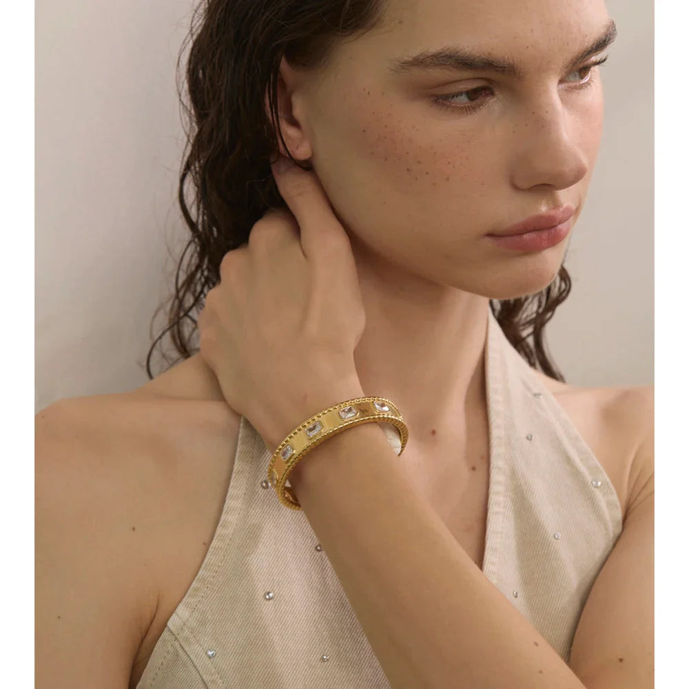 Yhpup 62mm High Quality Stainless Steel Square Zirconia Cuff Bracelet Bangle Trending Texture Premium Jewelry Recommend